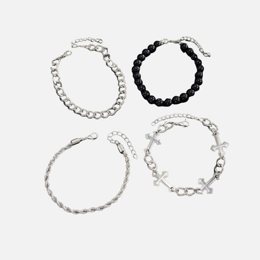 Lot 4 Pièces Bracelet Chaine Homme Argenté Et Perles Noires