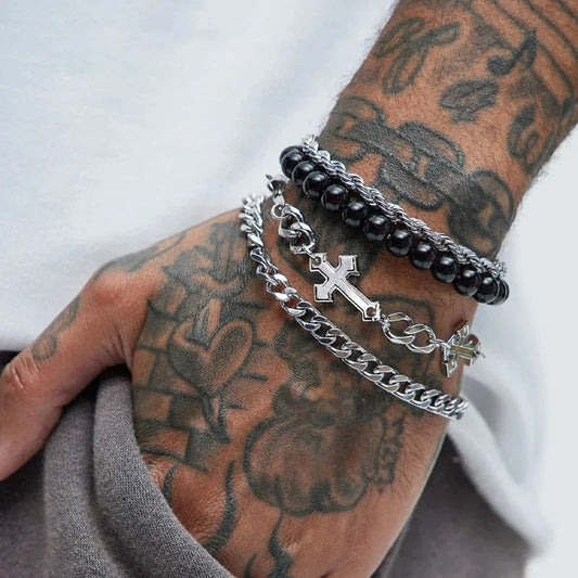 Lot 4 Pièces Bracelet Chaine Homme Argenté Et Perles Noires