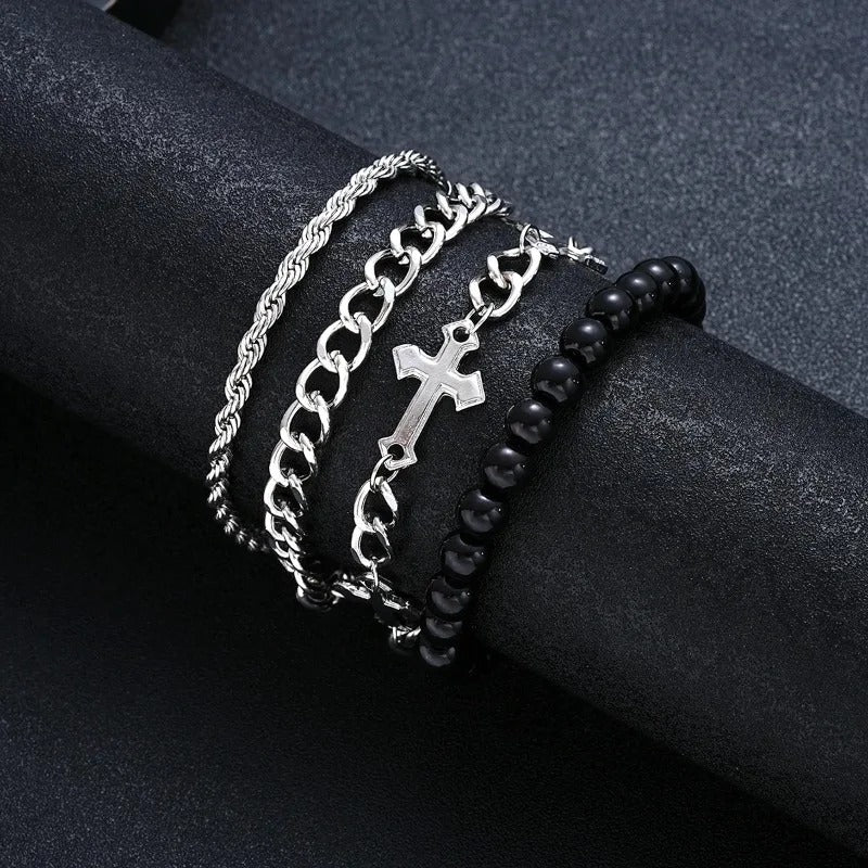 Lot 4 Pièces Bracelet Chaine Homme Argenté Et Perles Noires
