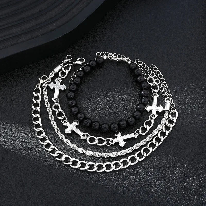 Lot 4 Pièces Bracelet Chaine Homme Argenté Et Perles Noires