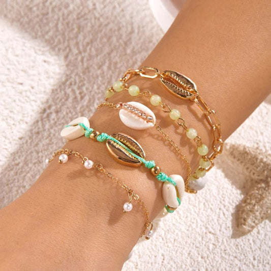 Lot 5 Bracelets Coquillage Femme Cauri Cordon Vert
