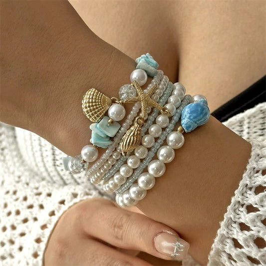 Lot 6 Bracelets Coquillage Femme Bleu Azur Perle
