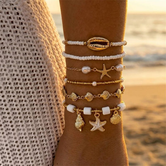 Lot 6 Bracelets Coquillage Femme Étoile De Mer Doré
