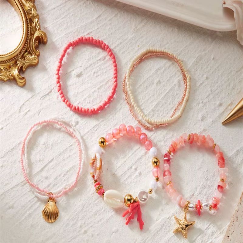 Lot Bracelets Coquillage Femme Corail Rose Doré