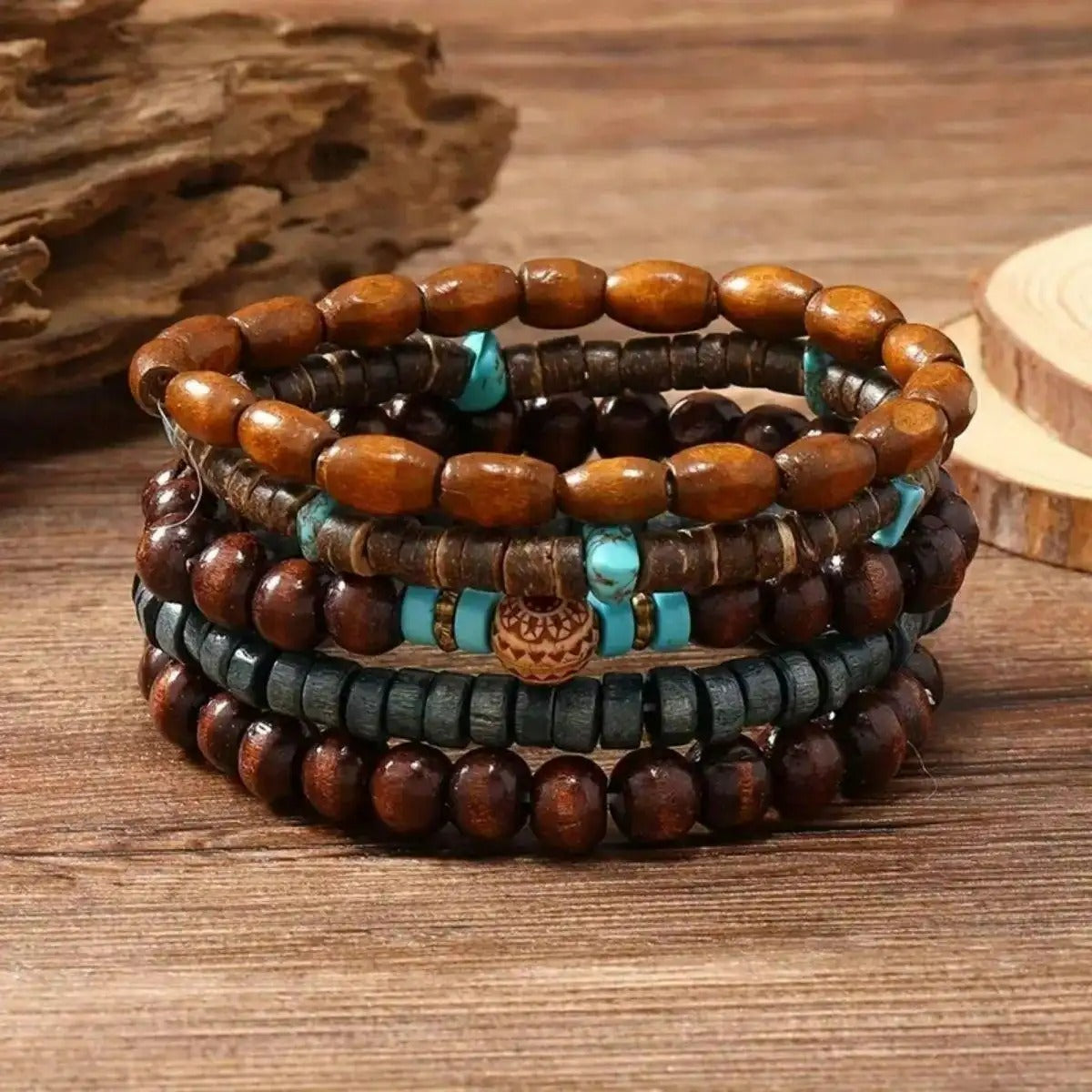Lot de 5 Bracelet Homme Perle Bois et Turquoise