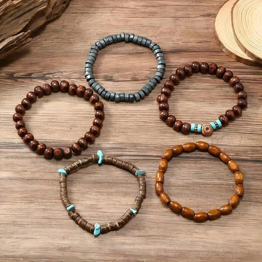 Lot de 5 Bracelet Homme Perle Bois et Turquoise