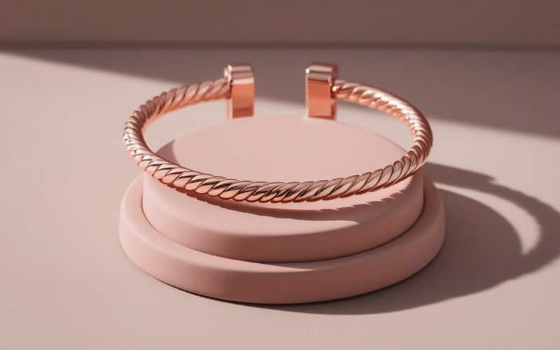 Superbe bracelet jonc rosé doré torsadé, posé sur un présentoir rond rose pastel avec la lumière du soleil qui l'éclaire.