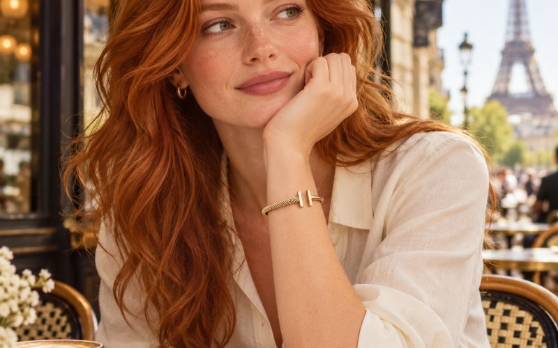 Femme rousse au cheveux long détachés, posée à la terrasse d'un café, on voit la Tour Effel au loin, elle porte un bracelet jonc doré et une chemise manche blanche creème
