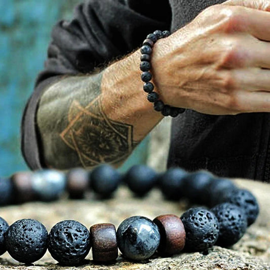 Bracelet Homme Perles Lave Jaspe et Bois