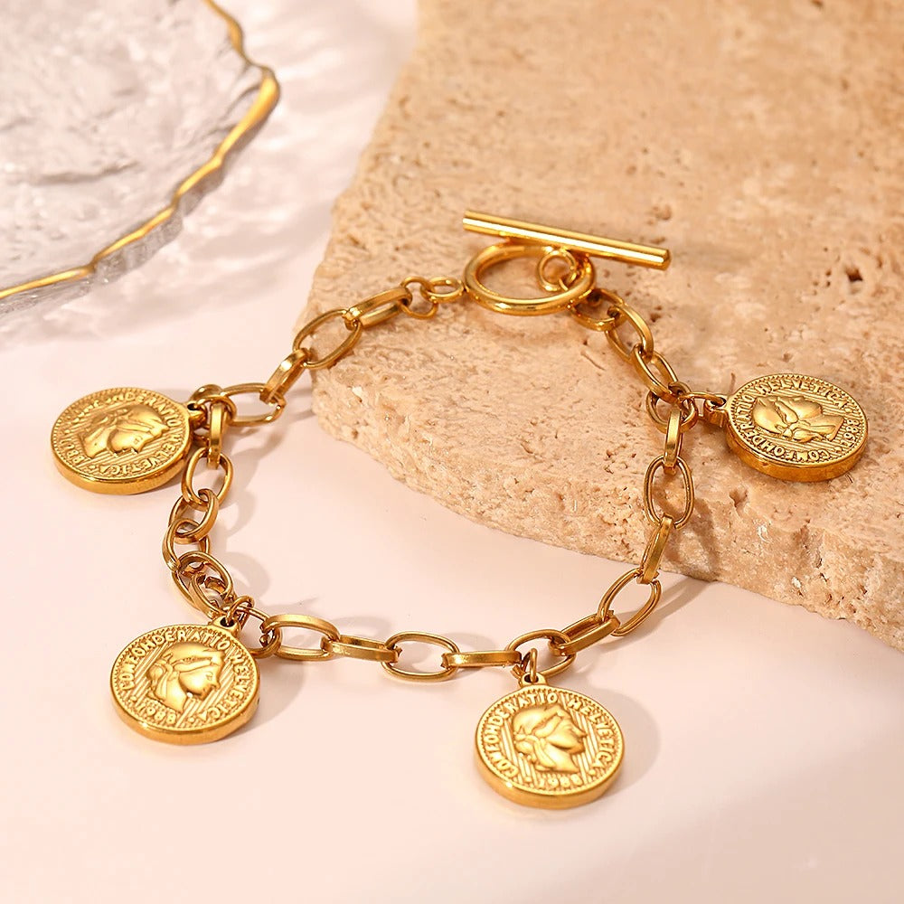 Bracelet Acier Inoxydable Femme Médailles Anciennes