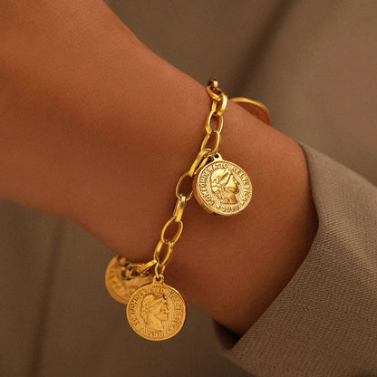 Bracelet Acier Inoxydable Femme Médailles Anciennes