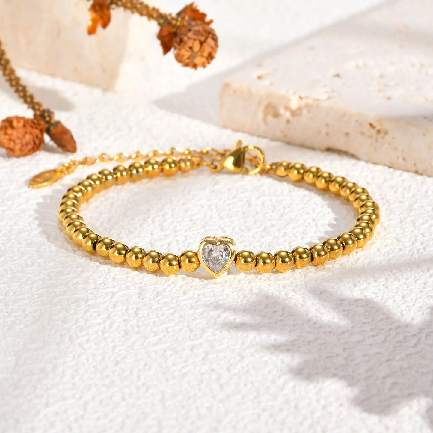 Bracelet Amitié Femme Acier Inoxydable Perles Et Cœur