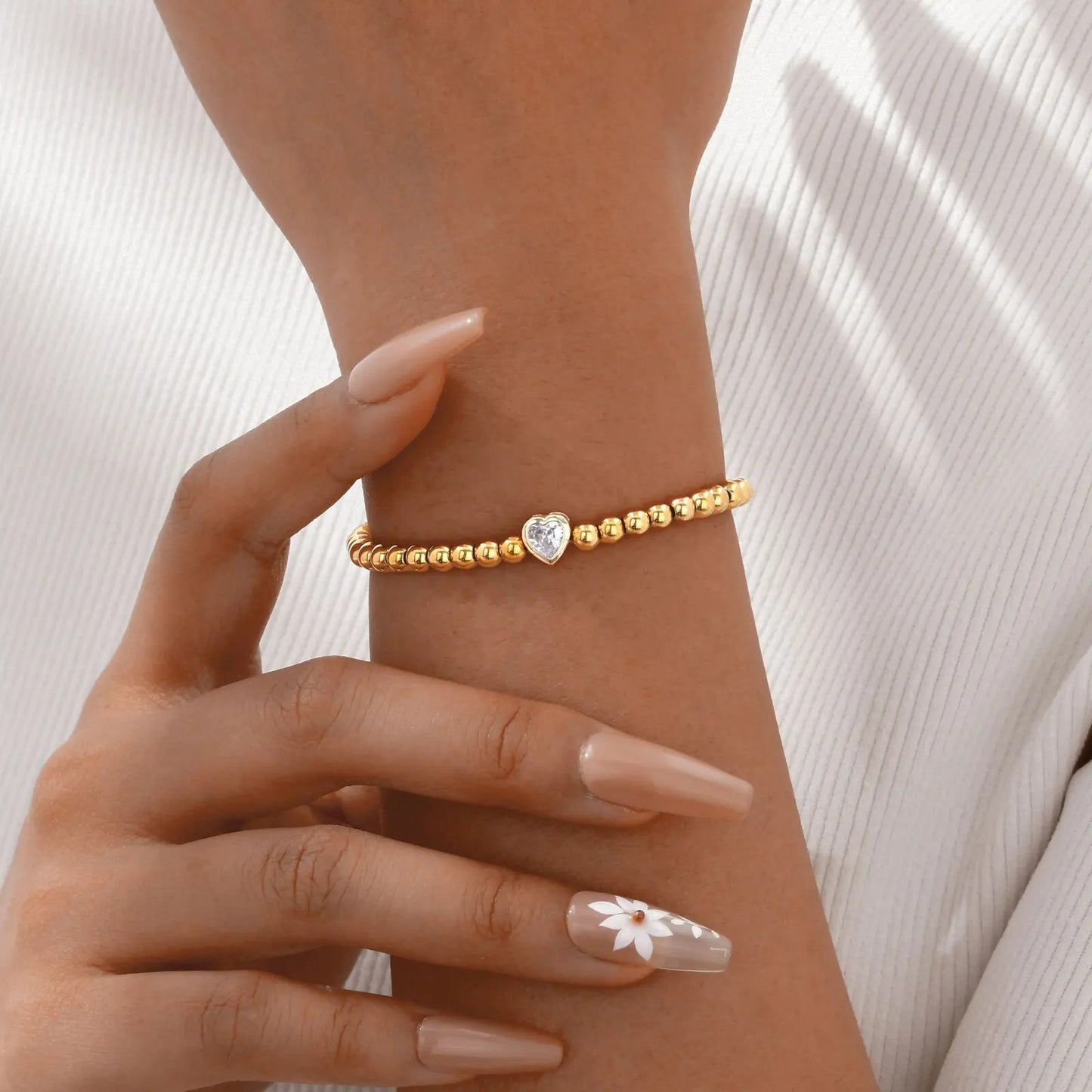 Bracelet Amitié Femme Acier Inoxydable Perles Et Cœur