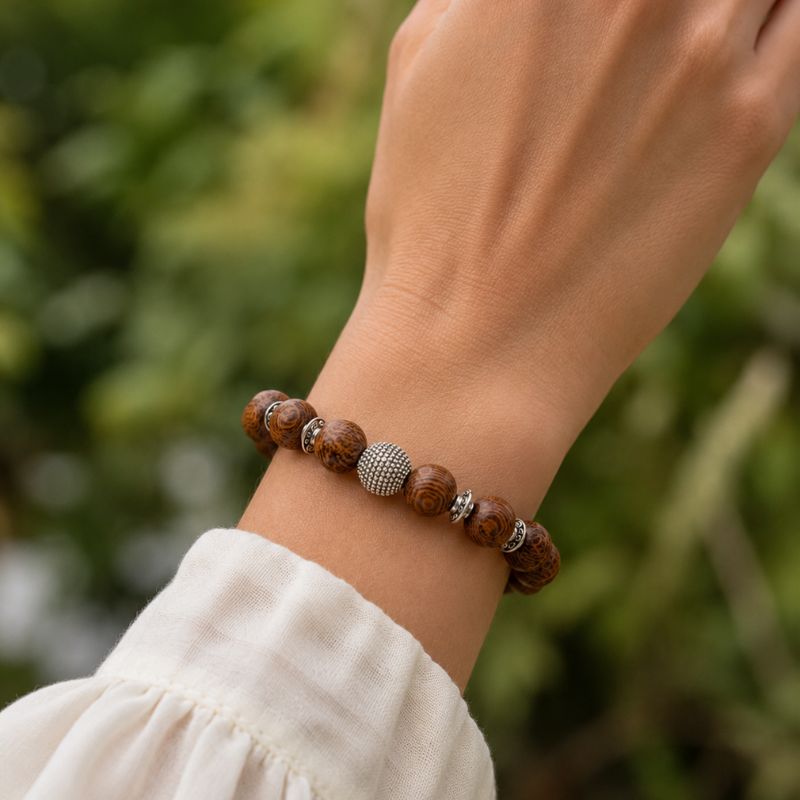 Bracelet Bois Femme Bille Argentée Granitée