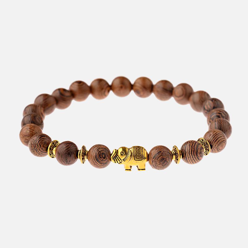 Bracelet Bois Femme Éléphant Doré Perles Rondes