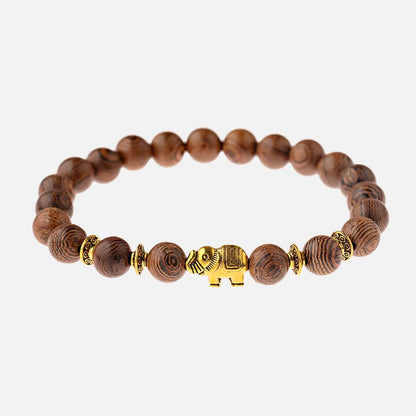 Bracelet Bois Femme Éléphant Doré Perles Rondes