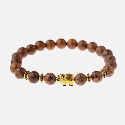 Bracelet Bois Femme Éléphant Doré Perles Rondes