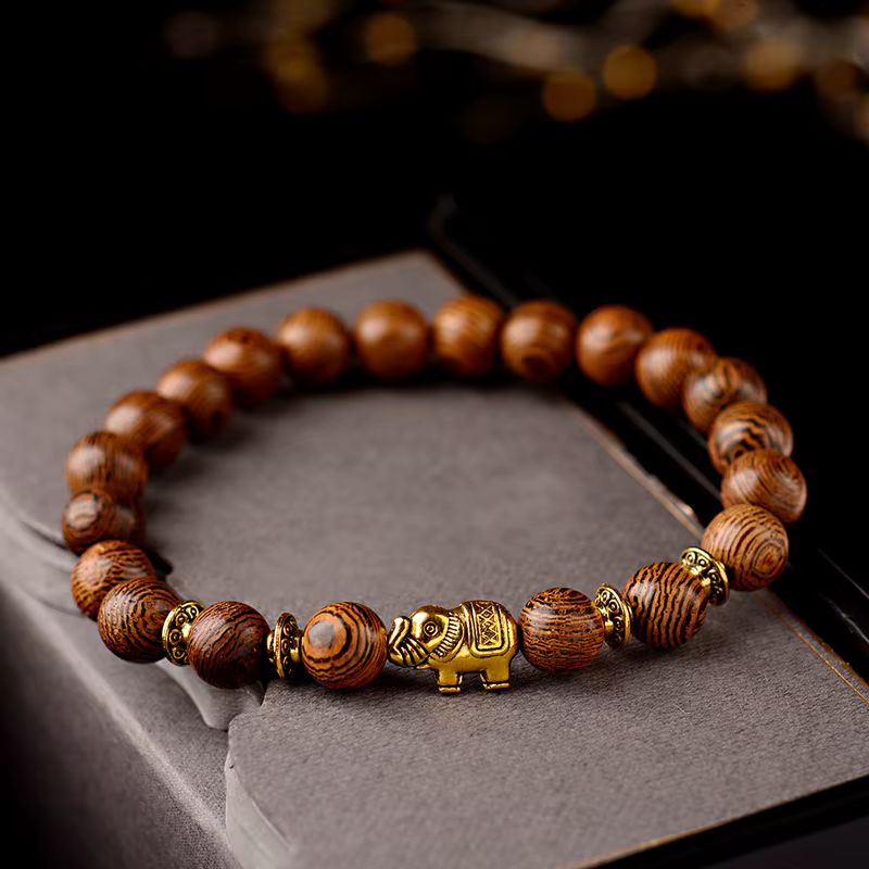 Bracelet Bois Femme Éléphant Doré Perles Rondes