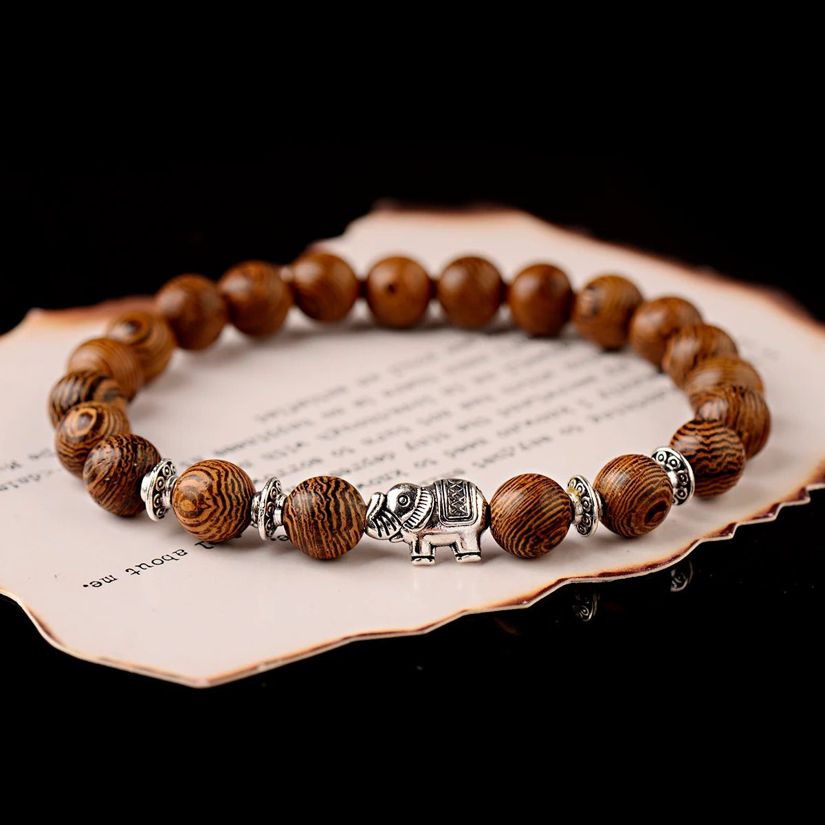 Bracelet Bois Femme Perle Éléphant Argentée