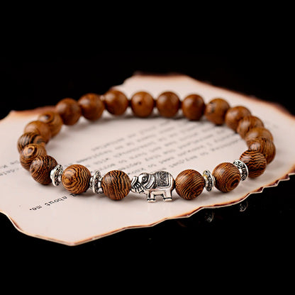 Bracelet Bois Femme Perle Éléphant Argentée