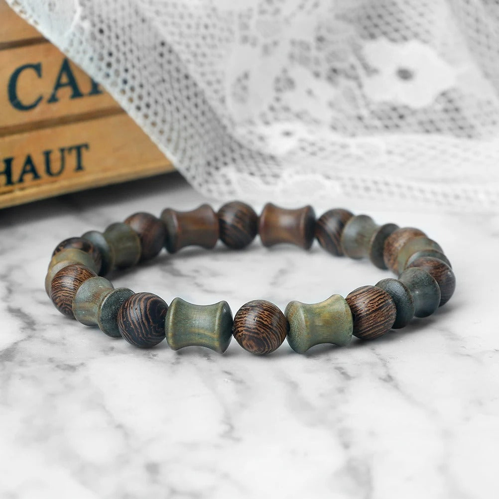 Bracelet Bois Femme Perles Diabolo Veinées