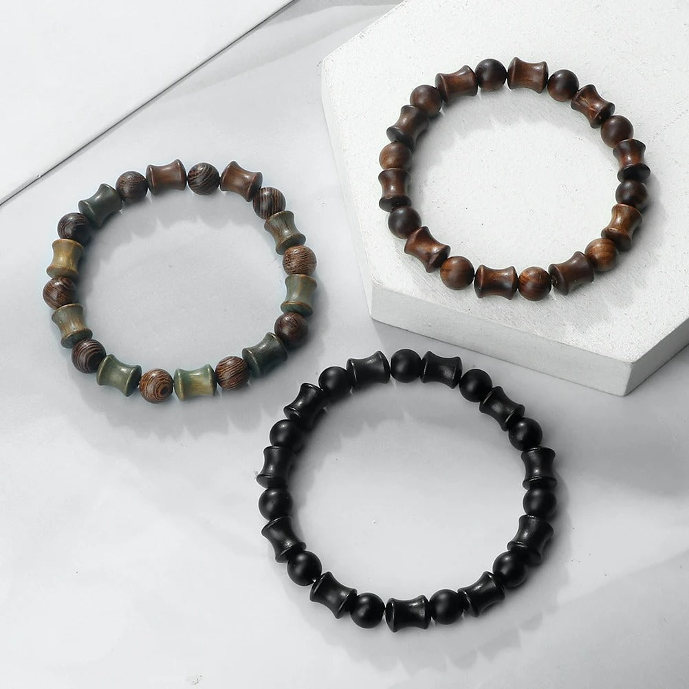 Bracelet Bois Femme Perles Diabolo Veinées