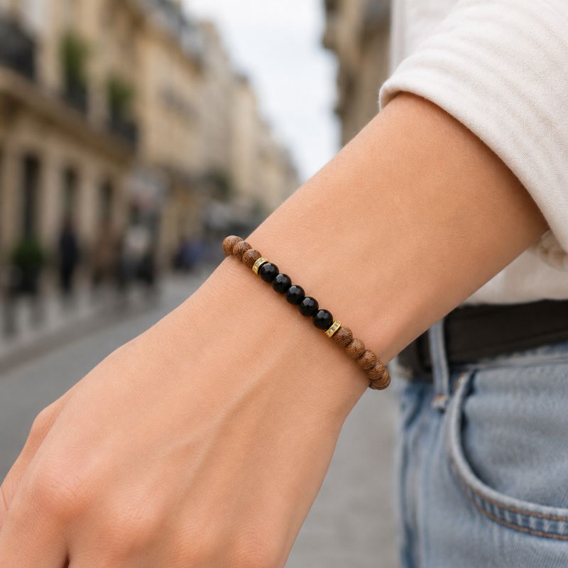 Bracelet Bois Femme Perles D’Onyx Noir