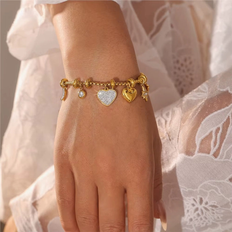 Bracelet Breloque en Acier Inoxydable Coeur et Lune