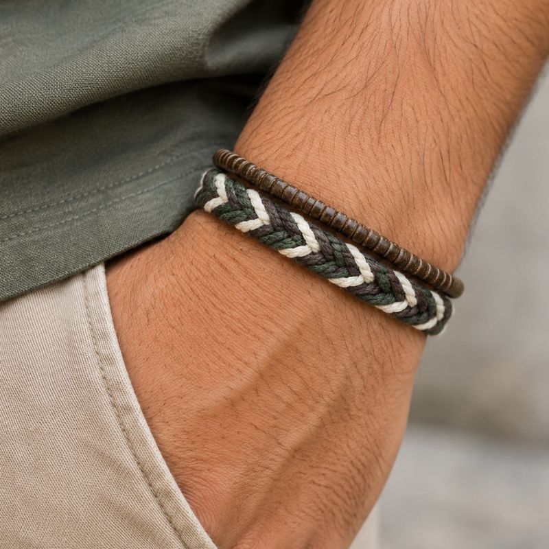 Bracelet Brésilien Homme Duo Bois Et Tresse