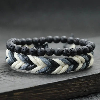 Bracelet Homme Duo Pierre de Lave et Cordon Tressé