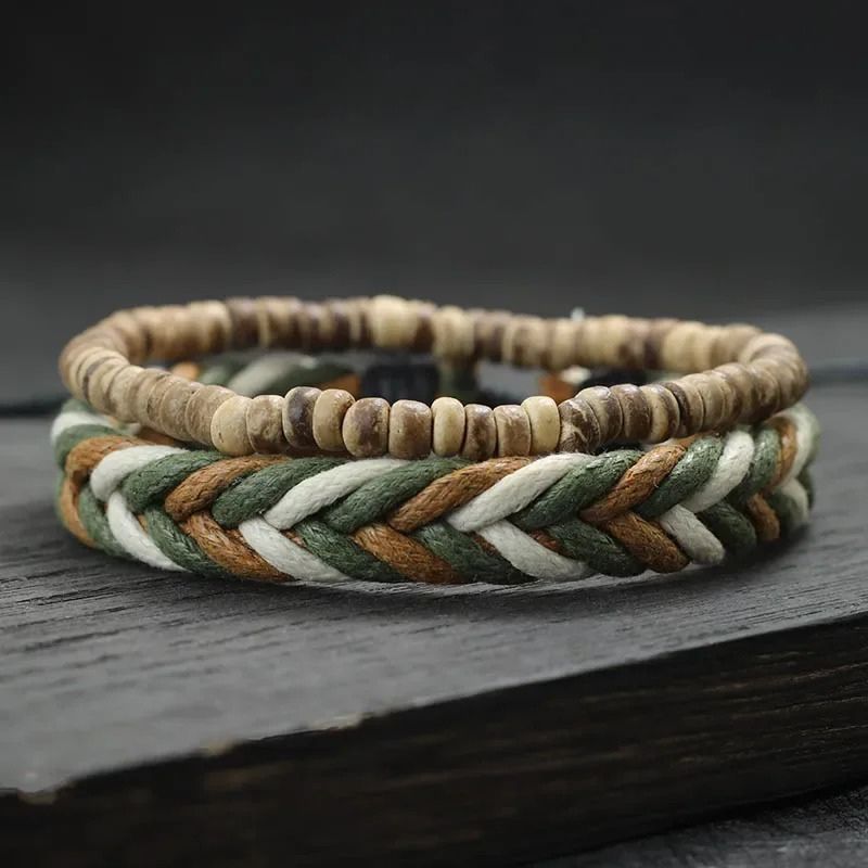 Bracelet Brésilien Homme Duo Tressé Perles Bois