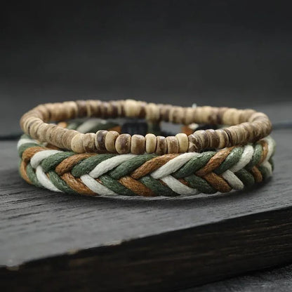 Bracelet Brésilien Homme Duo Tressé Perles Bois
