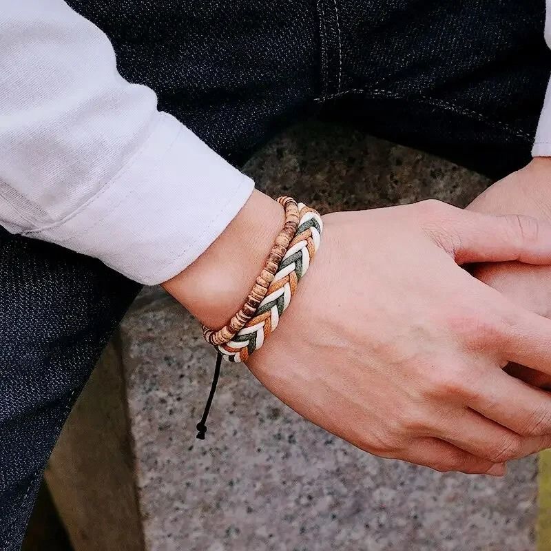 Bracelet Brésilien Homme Duo Tressé Perles Bois