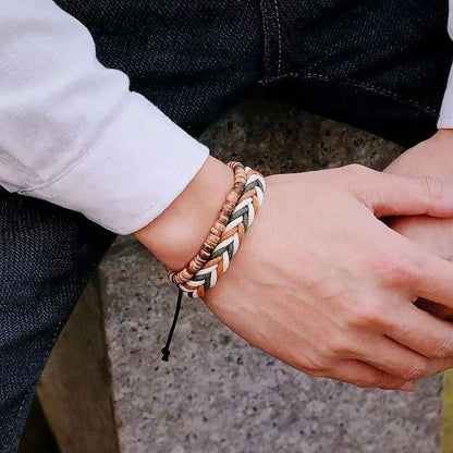 Bracelet Brésilien Homme Duo Tressé Perles Bois