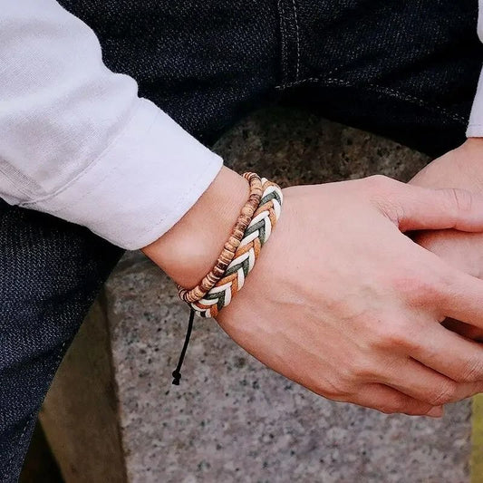 Bracelet Brésilien Homme Duo Tressé Perles Bois