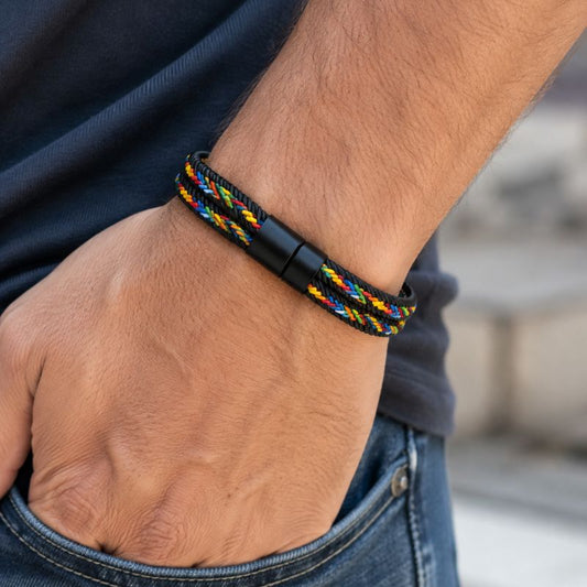 Bracelet Brésilien Homme Noir Double Corde Colorée