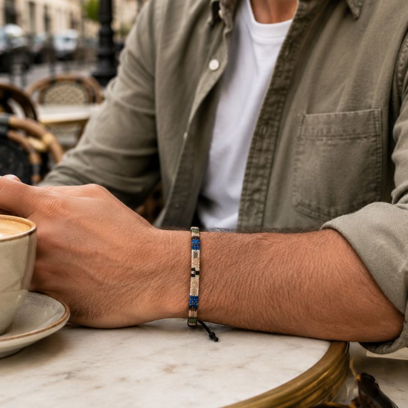 Bracelet Brésilien Homme Tissé Beige Bleu