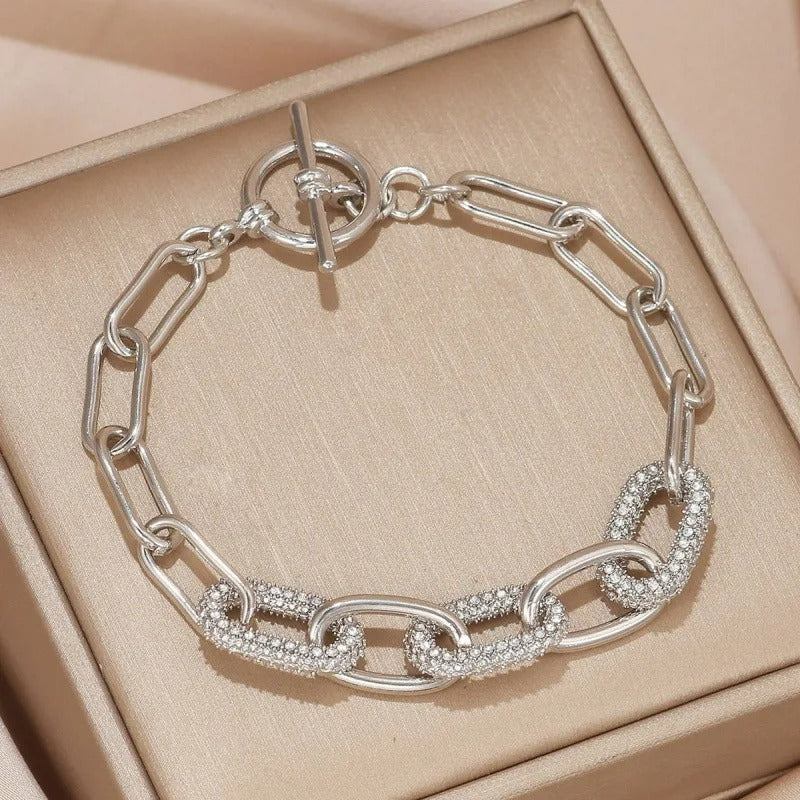Bracelet Chaine Ancre Femme Mailles Pavées Strass