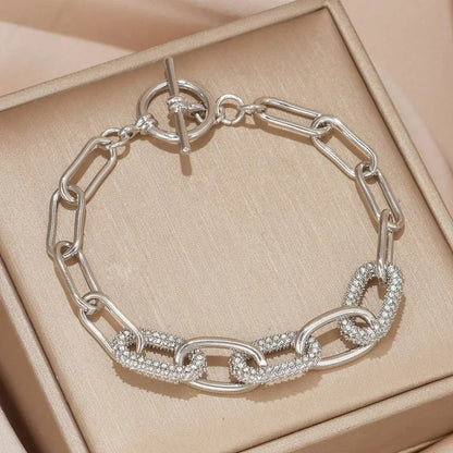 Bracelet Chaine Ancre Femme Mailles Pavées Strass