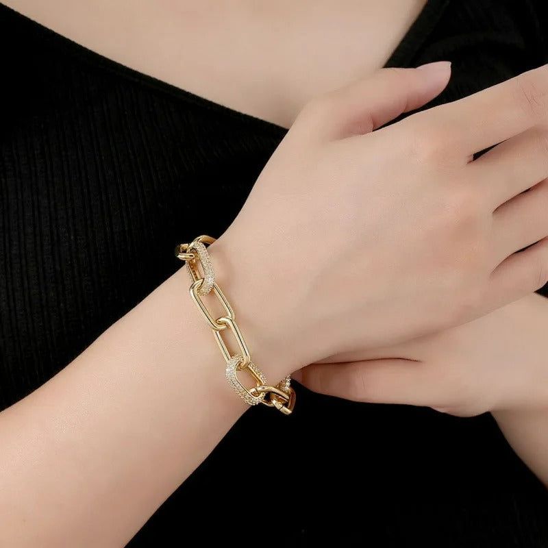 Bracelet Chaine Ancre Femme Mailles Pavées Strass