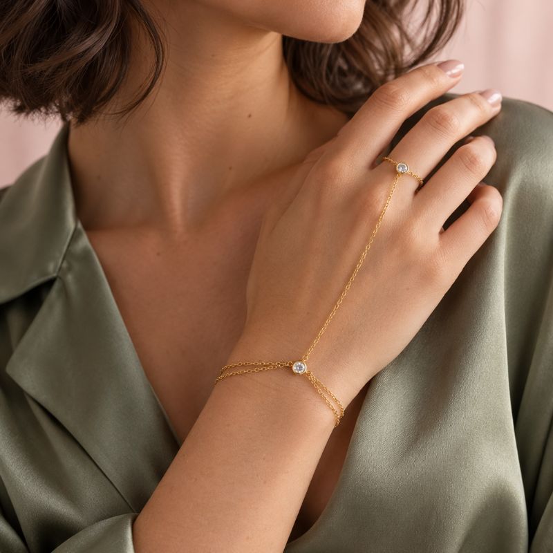 Bracelet Chaine Bague Deux Zircons Ronds