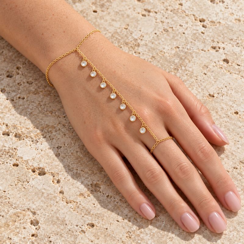 Bracelet Chaine Bague Doré Strass Suspendus - Acier Inoxydable