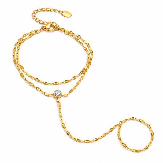 Bracelet Chaine Bague Double Rang Solitaire - Acier Inoxydable