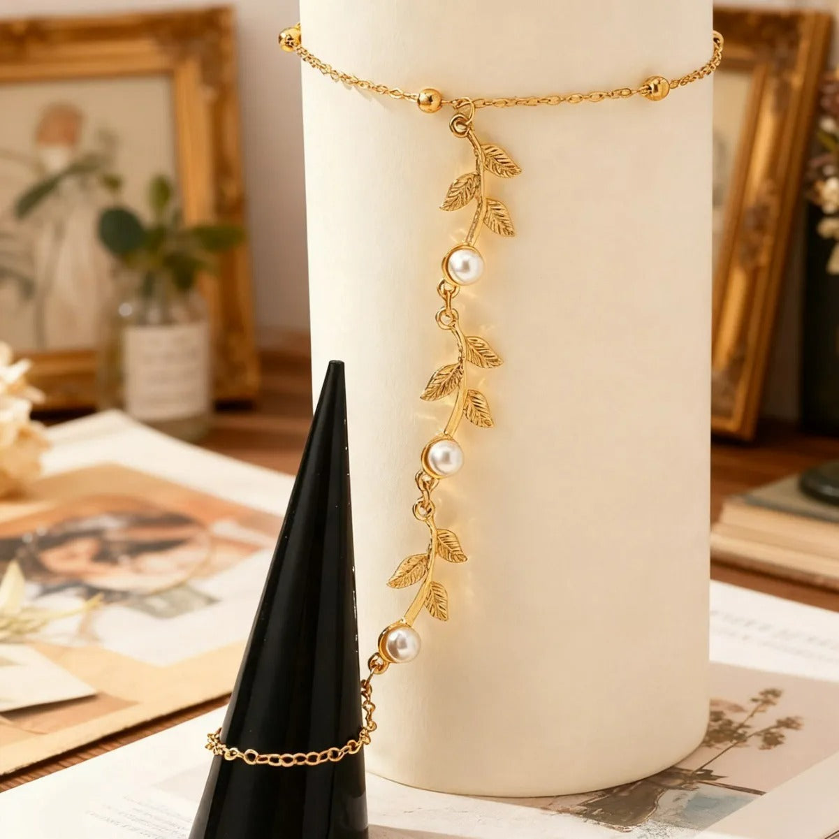Bracelet Chaine Bague Feuilles Et Perles
