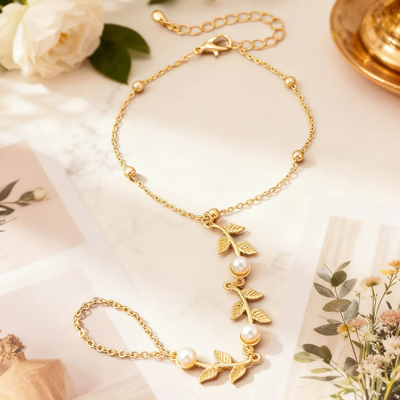 Bracelet Chaine Bague Feuilles Et Perles