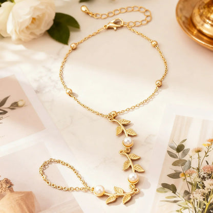 Bracelet Chaine Bague Feuilles Et Perles