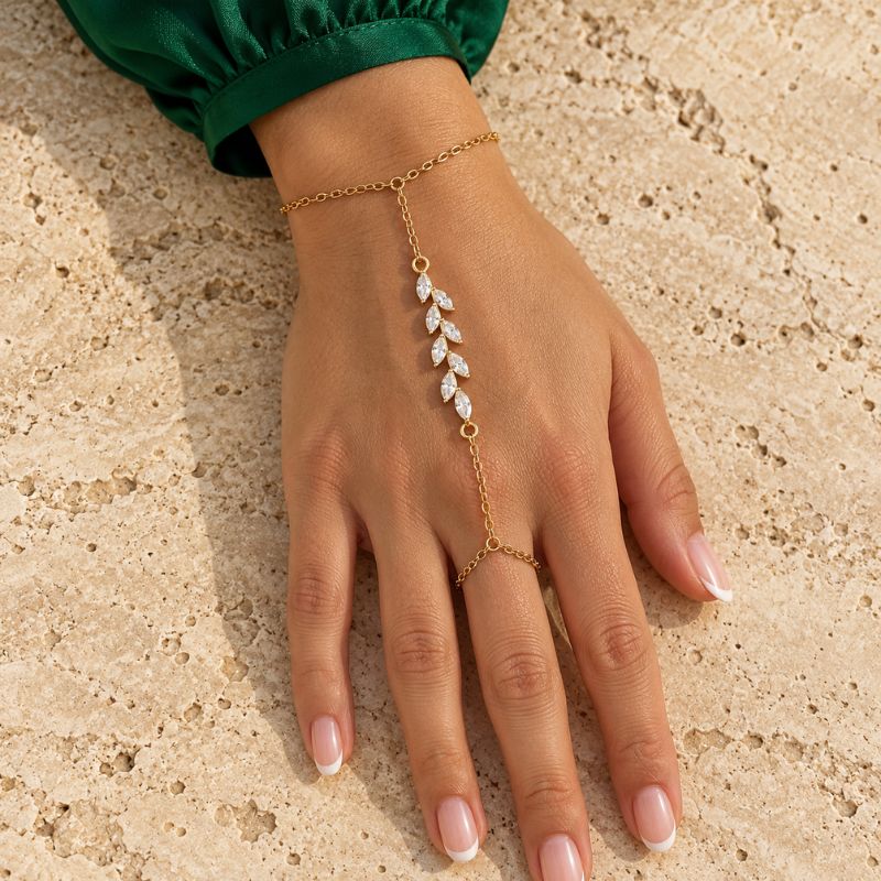 Bracelet Chaine Bague Feuilles De Zircons
