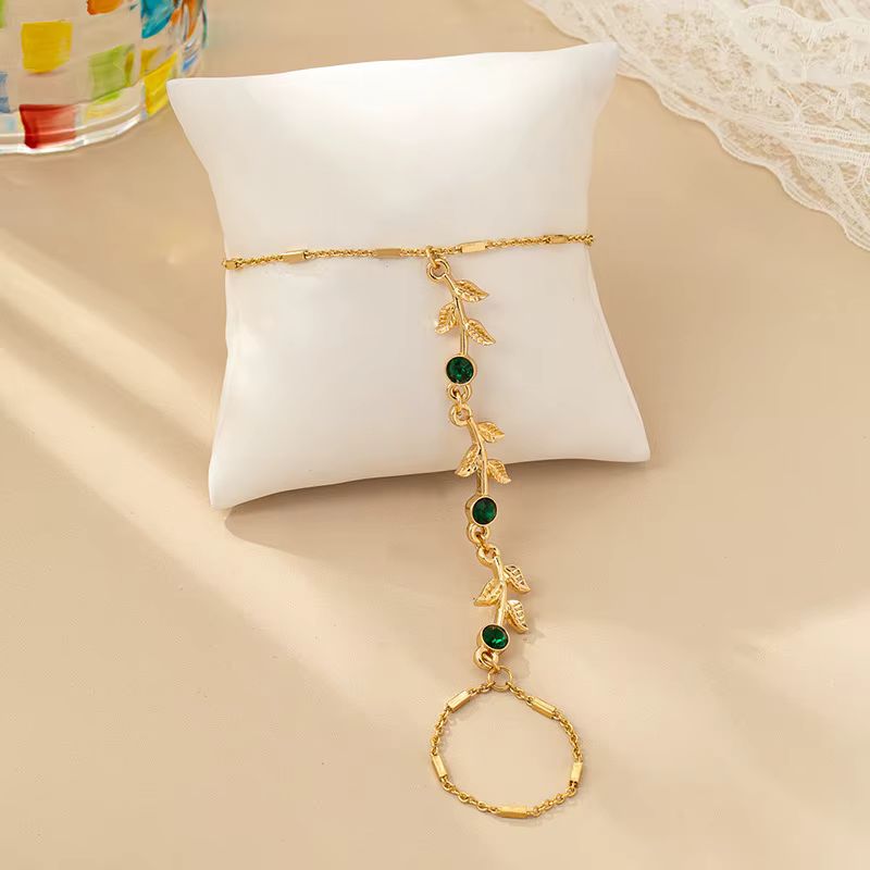 Bracelet Chaine Bague Lierre Doré Strass Émeraude