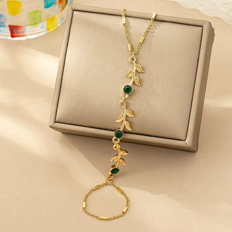 Bracelet Chaine Bague Lierre Doré Strass Émeraude