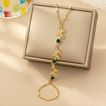Bracelet Chaine Bague Lierre Doré Strass Émeraude